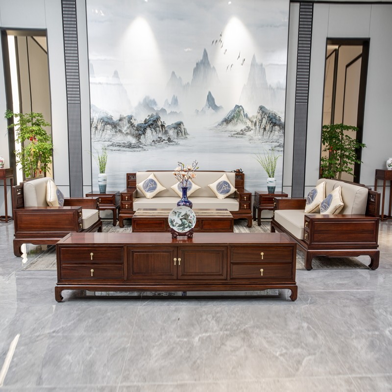 New Chinese style ebony wood sofa all solid wood mortise and tenon retro modern living room home combination large flat-story villa