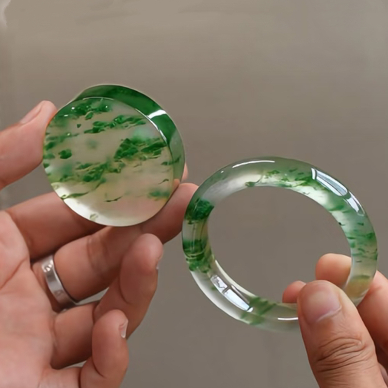 Natural Burmese High Ice Jadeite Bracelet with Green Flower Pattern, Round Bar, Old Mine A-Grade, Genuine Imperial Concubine Jade Bracelet, Peace Bracelet