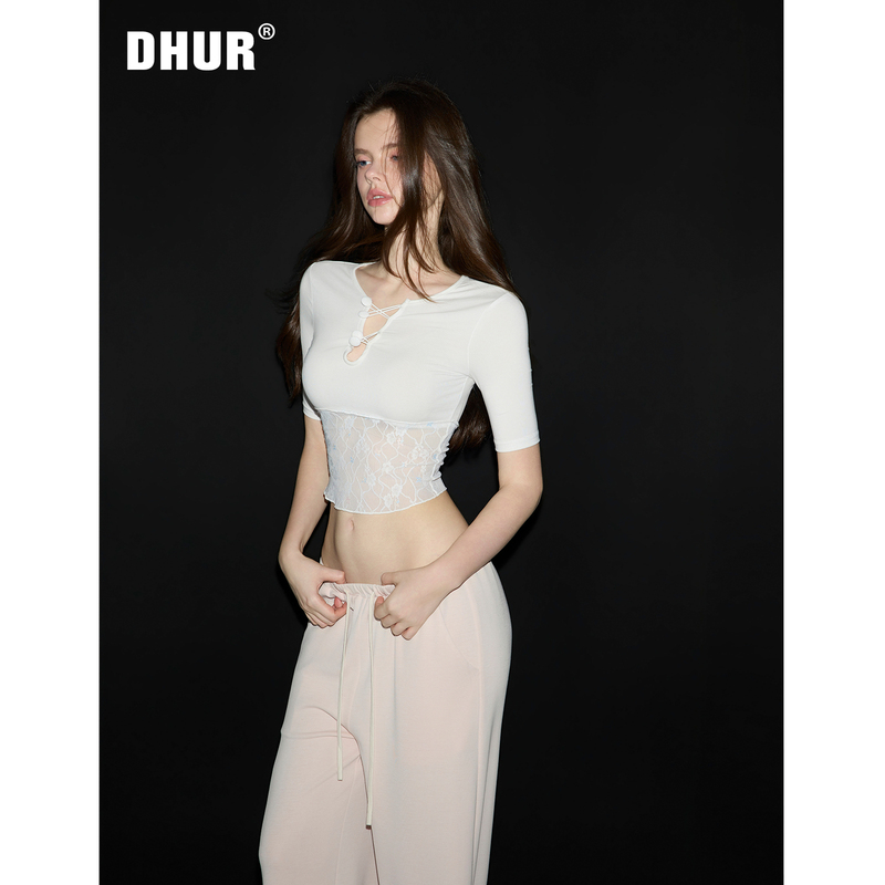 Dhur Pure Desire Style 90% Lyocell White Deep V-Neck Hem Lace Patchwork Slim Fit Short Sleeve T-Shirt