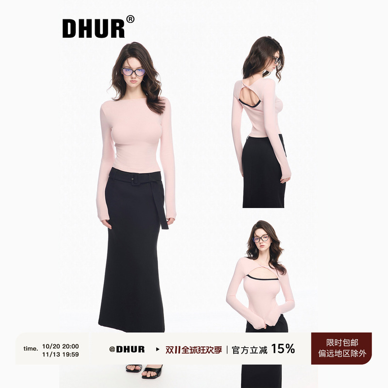 Dhur Original Reversible Pink Hollow-Out Thin Velvet Top for Women, Pure and Sexy Round-Neck Short Knitted Base Shirt
