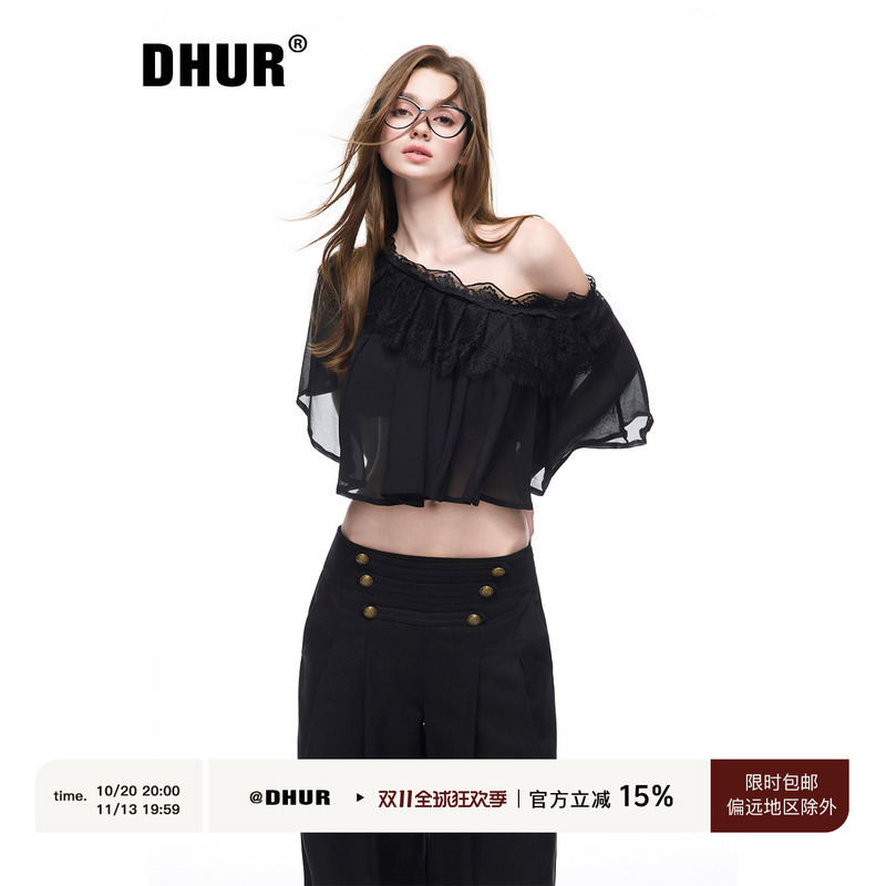 Dhur Original Pure Desire Style Off-Shoulder Chiffon Blouse for Women with Lace Trim, Flutter Sleeves, Short, Lightweight, Sheer Top Dhur Original Pure Desire Style Off-Shoulder Chiffon Blouse for Women with Lace Trim, Flutter Sleeves, Short, Lightweight, Sheer Top