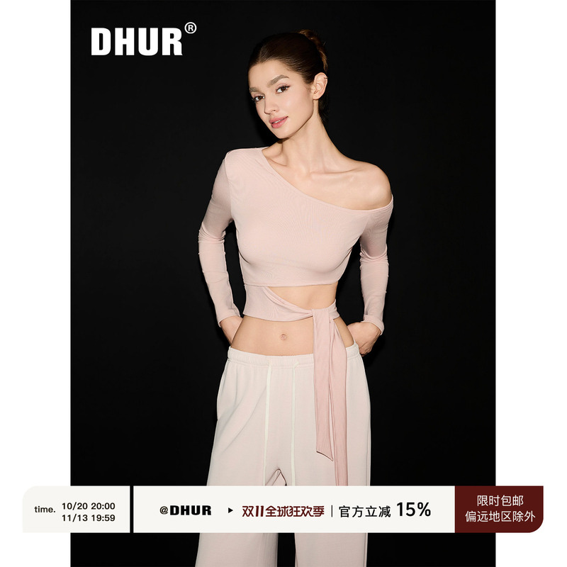 Dhur Original Nude Pink Off-Shoulder Waist-Revealing Tie-Up Top for Women, Short Long-Sleeved Irregular Pure Desire Crop Top T-Shirt Dhur Original Nude Pink Off-Shoulder Waist-Revealing Tie-Up Top for Women, Short Long-Sleeved Irregular Pure Desire Crop Top T-Shirt