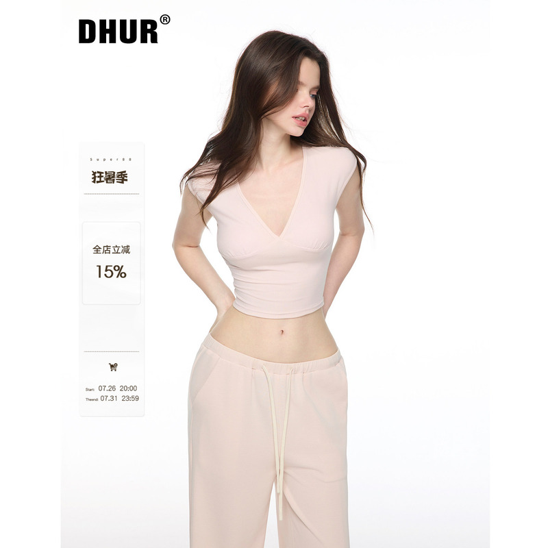 Dhur Original Design Pure Desire Style Deep V-Neck Small Flutter Sleeve Lyocell Pink Short Fitted Slimming T-Shirt