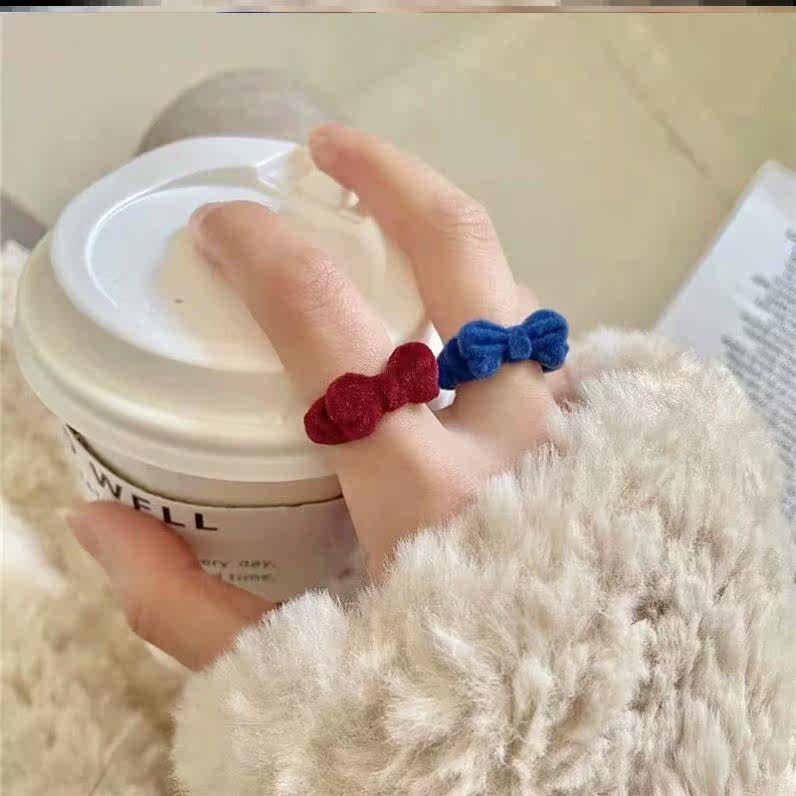 Flocking French cute girl red velvet bow ring female fashion opening adjustable blue food retro ring
