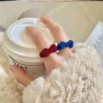 Flocking French cute girl red velvet bow ring women's fashion opening adjustable blue food retro finger ring