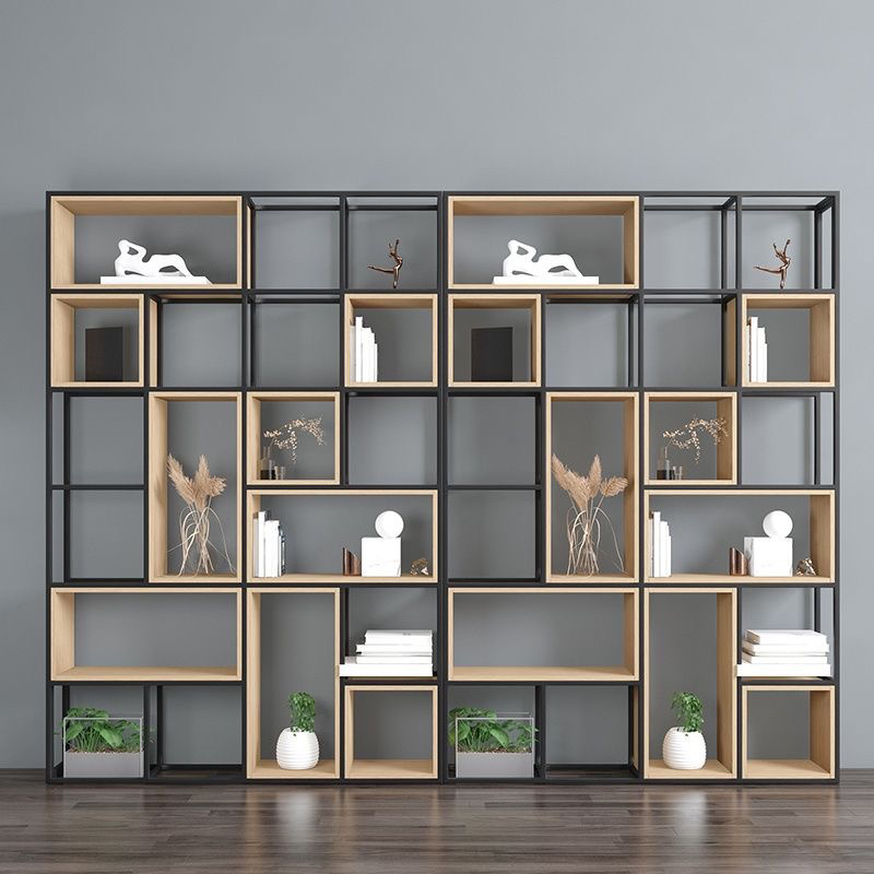Iron Bookshelf, Steel-Wood Floor-Standing Storage Rack, Multi-Layer Storage Grid Rack for Living Room, Office Partition, Trophy Display Rack