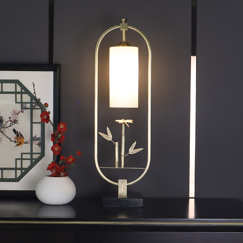 Table lamp bedside lamp bedroom new Chinese style living room wedding study retro household bamboo leaf Zen light luxury all copper lamps