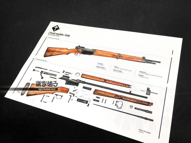 French MAS36 Manual Rifle Firearms Structure Disassembly Drawing Weapon Knowledge Wall Chart Poster Decorative Painting