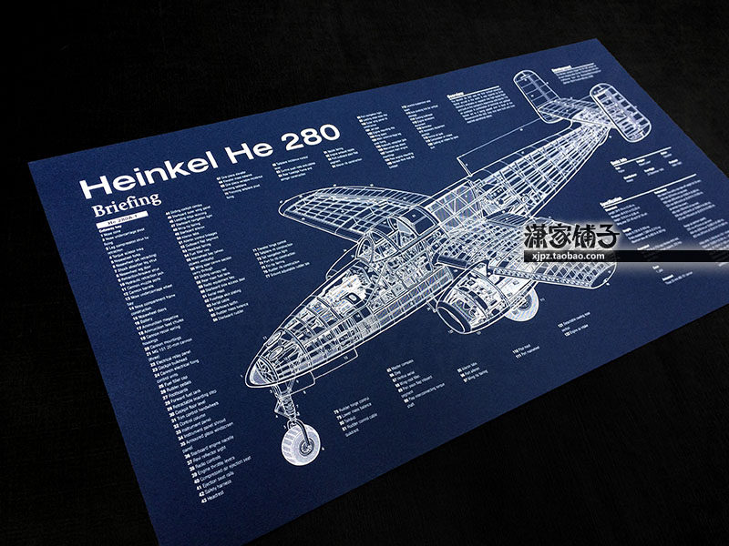 World War II German famous HE 280 jet fighter structural blueprint hanging poster decorative painting