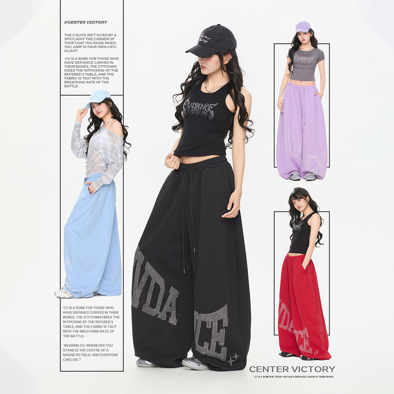 Cv New Square Dance Trendy Brand Diagonal Letter Rhinestone Drawstring Summer Loose Breathable Sports Pants Hip-Hop Jazz Trousers