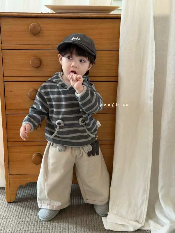 Authentic Peach-Colored Autumn Hoodie for Boys with Cute Frog Stripes, Korean Style Versatile Beige Casual Pants