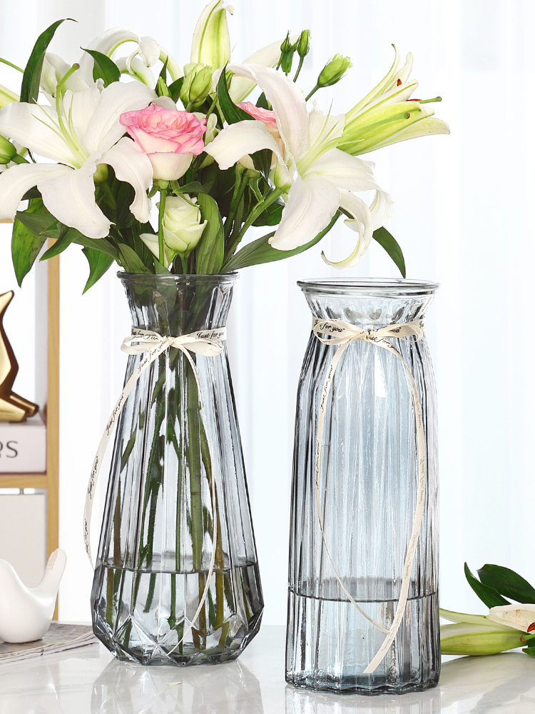 King-size glass vase Transparent hydroponic bamboo lily transfer vase Living room flower arrangement European Vase ornaments