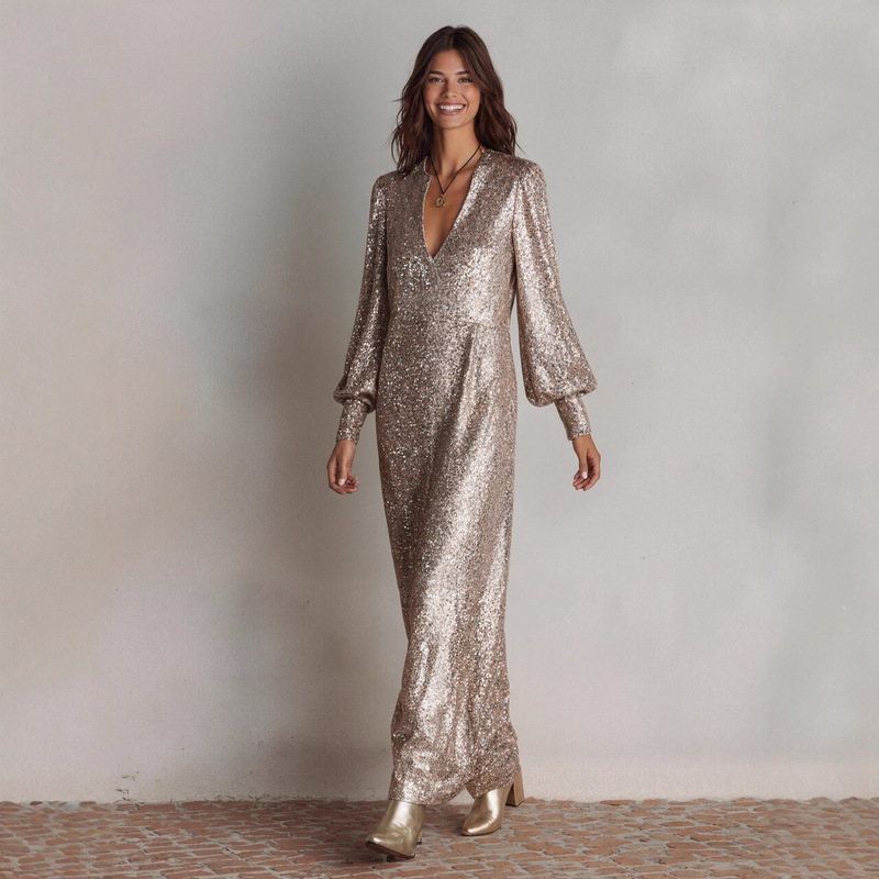 European and American Long-Sleeved Slit Sequin Stage Dress, Shiny Long Dress, Loose Waist, Casual Loose Party Champagne-Colored Dress