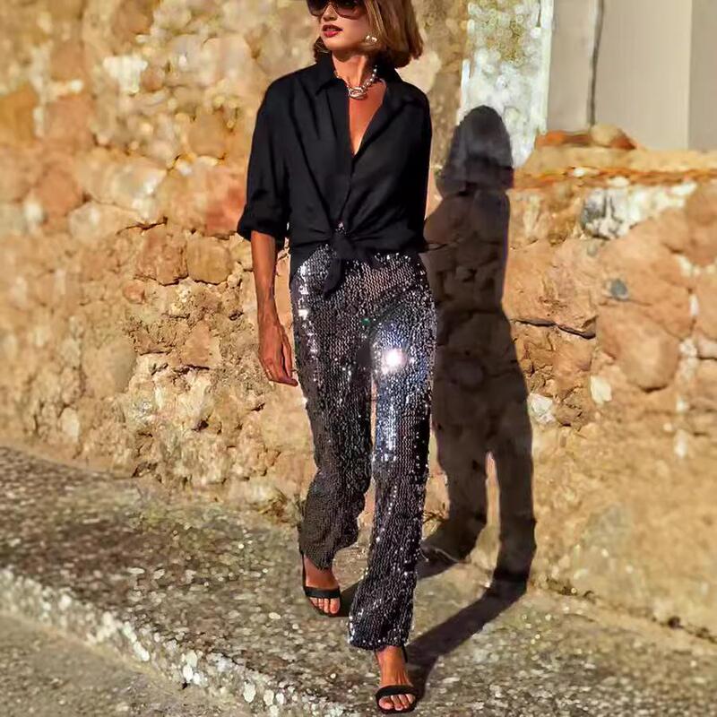 European and American Style Sequin Flared Pants Casual Fashion Sequin Party Slim Fit Sequin Horn Pants