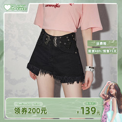 UNIFREE黑色牛仔短裤女高腰辣妹紧身U242P879K2K2