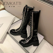 Rider boots womens thick-soled Martin boots rhinestone lace-up boots 2022 high-heeled thick-heeled autumn and winter patent leather high boots