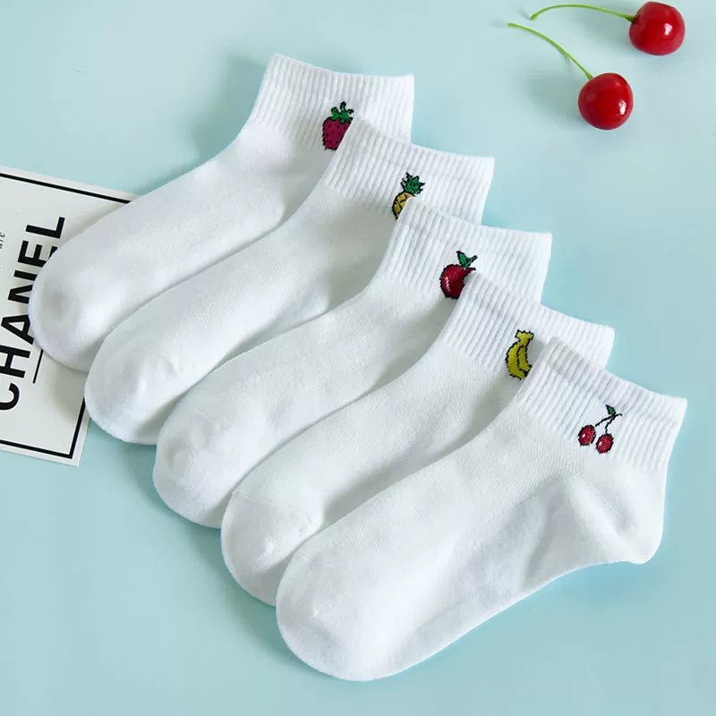 Vớ trắng nữ vớ trái cây Nhật Bản mùa xuân cạn miệng ống bông vớ thể thao rắn màu trái cây vớ thuyền cắt thấp - Vớ thể thao