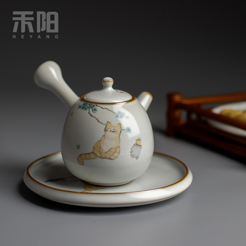 Send Yang your up slicing side pot home filtration ball teapot ceramic teapot Chinese kung fu tea set the cat