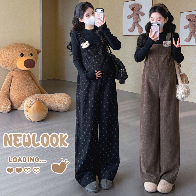 2026 Autumn and Winter Maternity Overalls New Knitted Base Shirt with Polka Dot Print Two-Piece Pregnancy Outfit Set