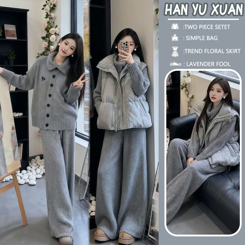 2026 New Maternity Autumn and Winter Outfit Korean Style Relaxed Gray Knit Sweater + Wide-Leg Pants Two-Piece Fashion
