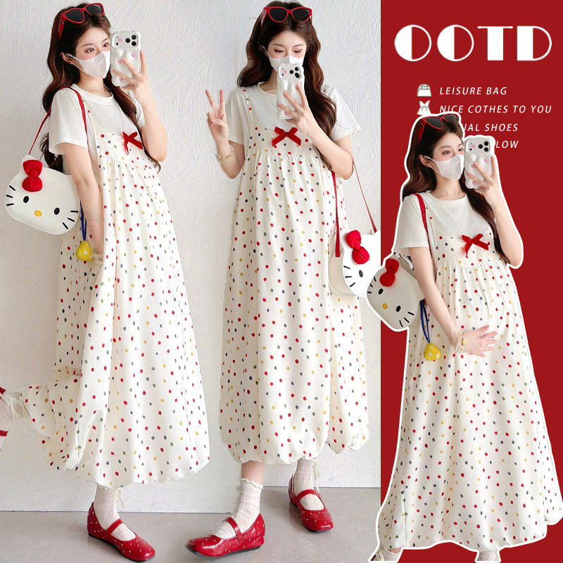 2026 Summer Maternity Dress, Not Revealing Pregnancy, Colorful Polka Dots, Sweet and Age-Reducing, Two-Piece Casual Slimming Maternity Outfit
