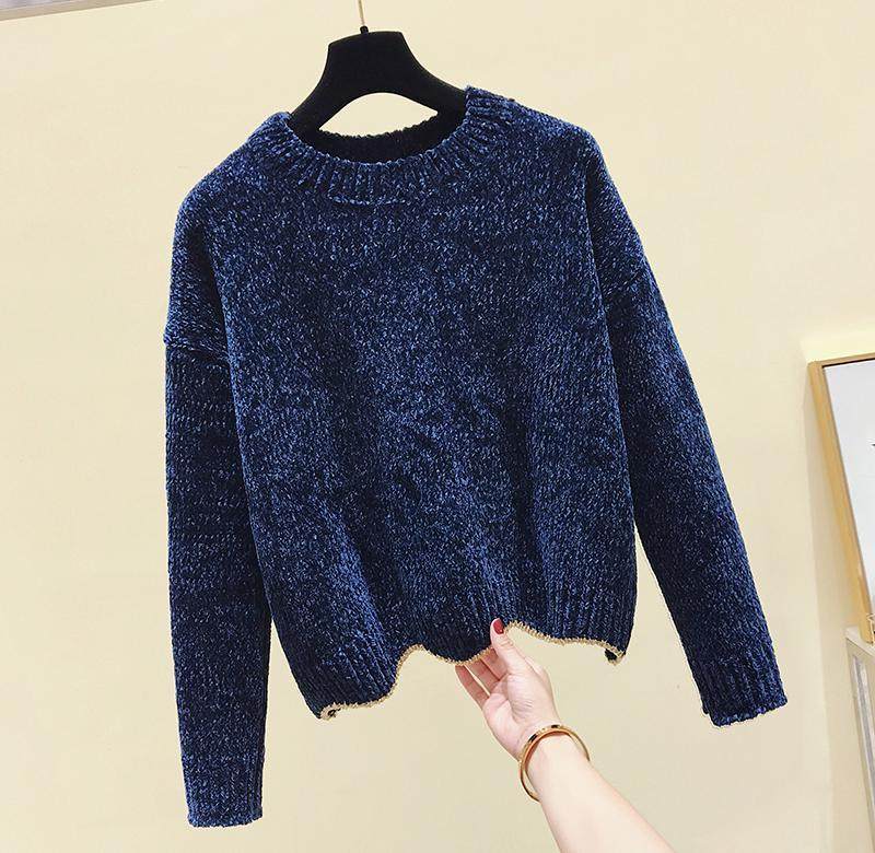 2019 autumn and winter Korean wave side loose chenille sweater women glitter silk high waist short velvet sweater