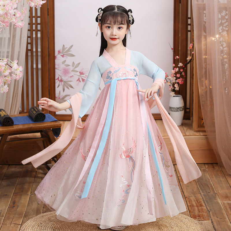 Hanfu girl Super fairy Cherry blossom Princess Chinese style Tang dress kimono dress Children's costume Thin summer dress