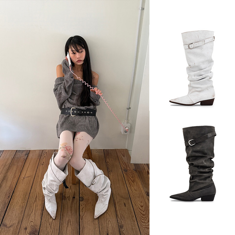 Negativethree Nt3 26 Spring and Summer New Crackle Arrow Buckle Strap Knee-High Boots