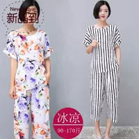 Bộ đồ ngủ bằng lụa cotton c phù hợp với nữ mùa hè tay ngắn cắt cúp quần size lớn phiên bản Hàn Quốc của cotton nhân tạo phục vụ nhà bằng lụa tơ tằm - Cặp đôi bộ mặc nhà đẹp