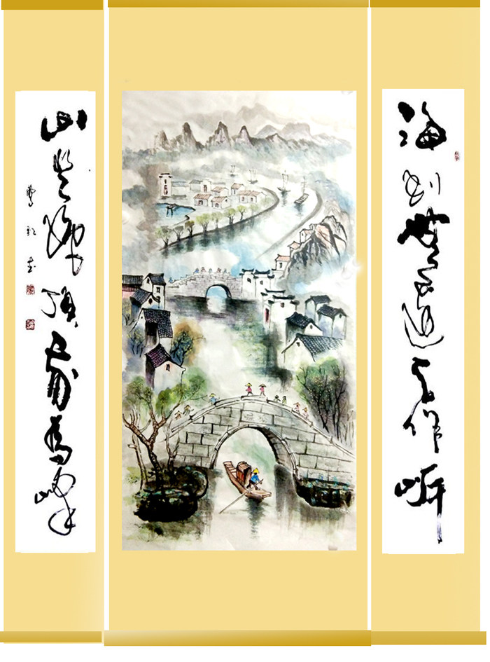 Jiangnan Water Rural Rural Bull Farming Screen Co-dyed by 4 feet New Zhongtang Scroll Li