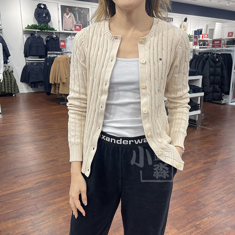 Tommy Hilfiger New Spring and Autumn Women's Casual Versatile Buttoned Cable Knit Round Neck Cardigan