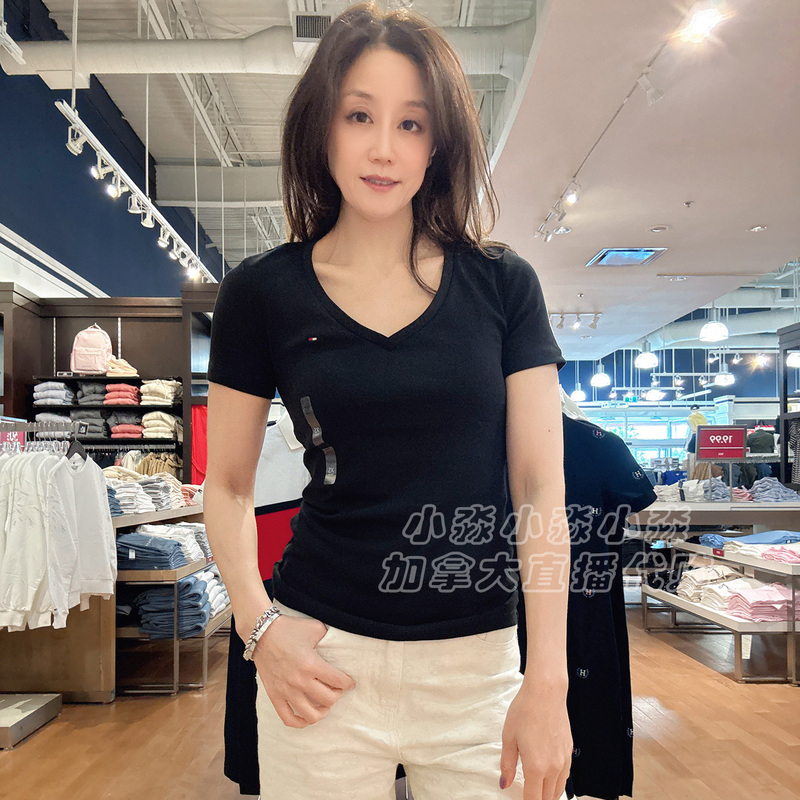 Tommy Hilfiger Tommy's New Summer Style Women's Basic Versatile Slimming Pure Cotton V-Neck Short-Sleeved T-Shirt