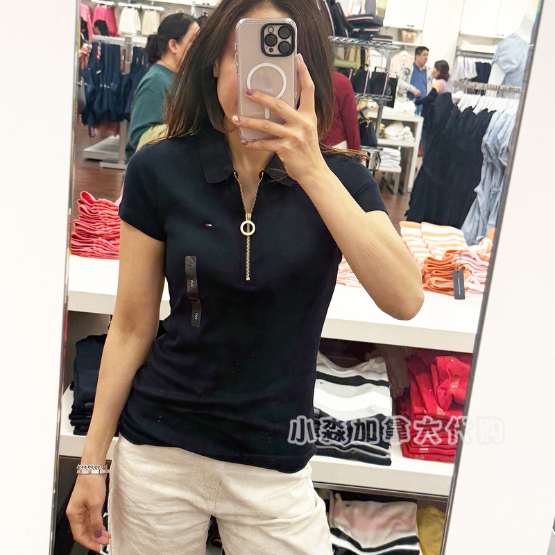 Tommy Hilfiger New Summer Style Women's Slim-Fitting Cotton Half-Zip Short-Sleeved Polo Shirt T-Shirt