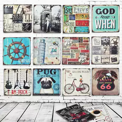 Large collection of tin paintings-American country pastoral retro home accommodation bar antique decorative painting mural painting