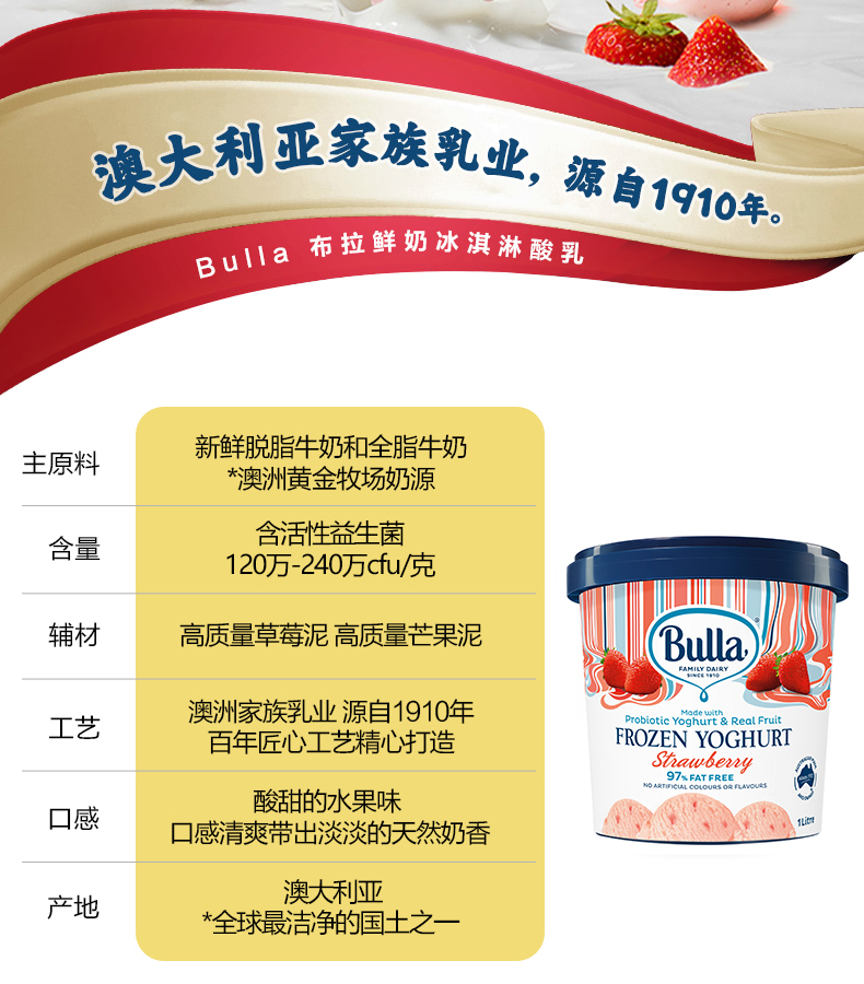 澳洲进口 Bulla 低脂益生菌冻酸奶   草莓冰激淋 1L*2 图2
