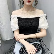 Chiffon shirt pleated 2020 summer new short-sleeved ruffle bubble sleeve top short square collar high-waisted clavicle