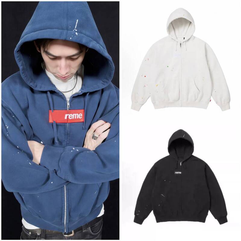 26Ss Box Logo Zip up Hooded Sweatshirt with Splash-Ink Pattern Zipper Hoodie