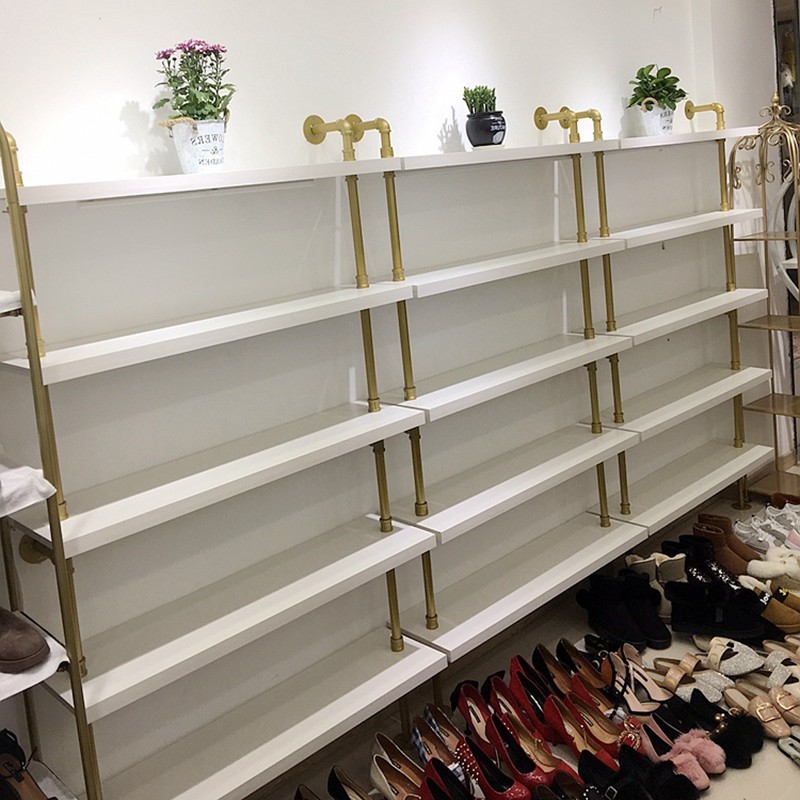 Shoe store shoe rack display shelf on the wall multi-storey shelf bag rack display shelf gold shoe cabinet floor shoes display cabinet