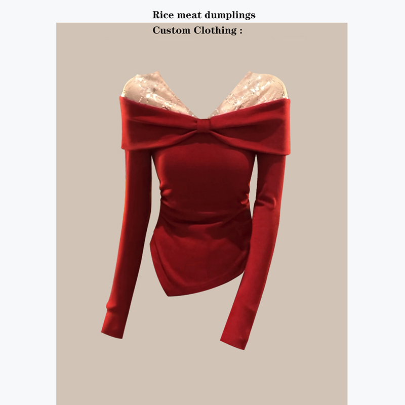 Ready to Ship! Red Lace Patchwork Off-Shoulder T-Shirt, Spring New Year Vibe, Short Inner Layering Top Ready to Ship! Red Lace Patchwork Off-Shoulder T-Shirt, Spring New Year Vibe, Short Inner Layering Top