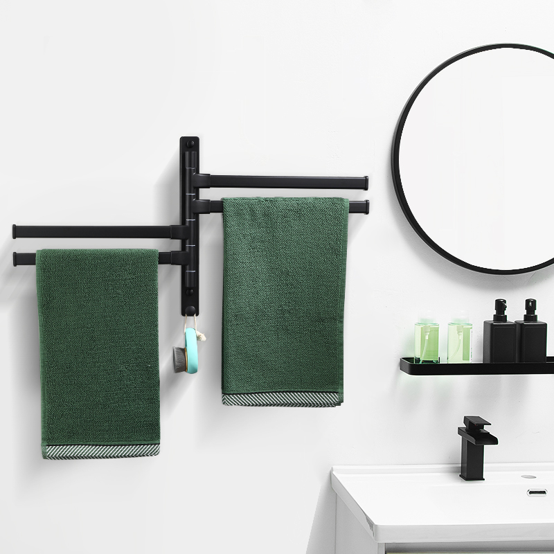 Towel Rack Free of perforated Bathrooms Contained Hanging Rack rotatable Multi-lever Hanging Rod Black Space Aluminum Wall Shelf