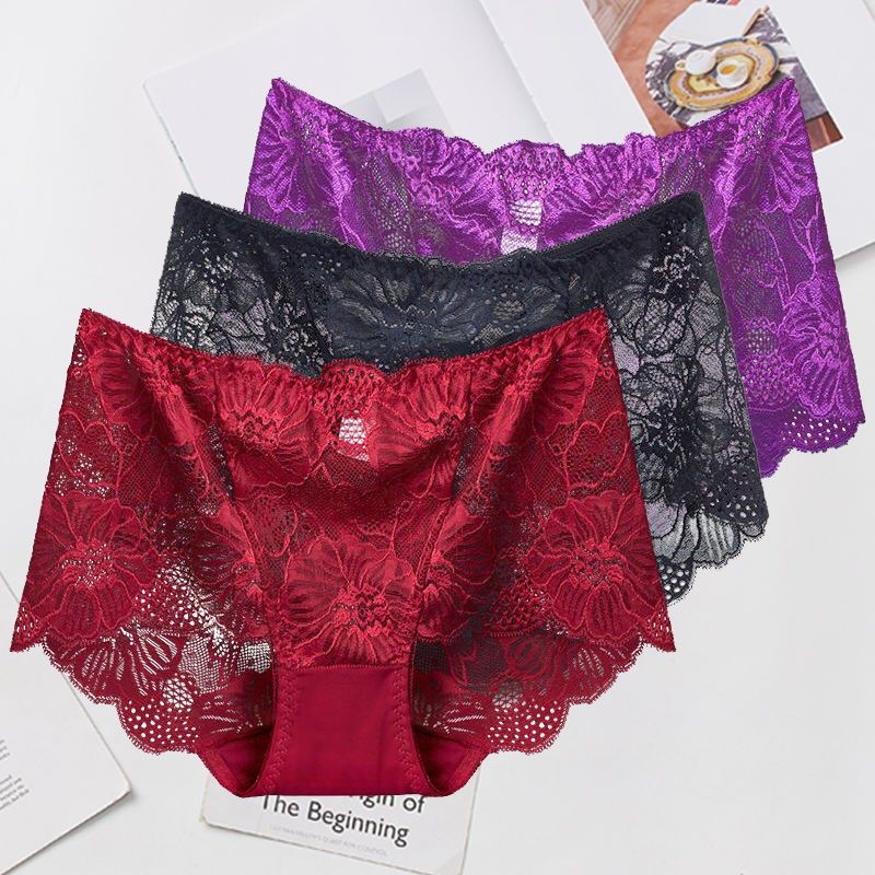 (Exquisite 3 Packs) Lace Panties Women's Sexy Breathable Super Elastic Mid Waist Abdomen Hip Raise Ladies Large Size Panties