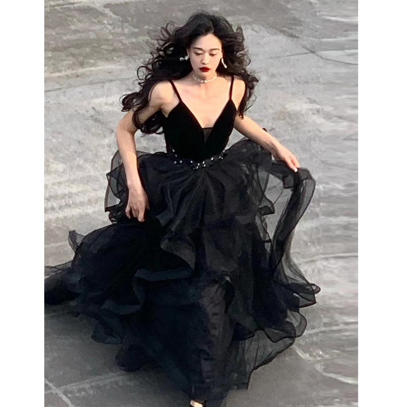 Black Evening Dress, Light Luxury, Niche, High-End, Female Host, Art Exam, Elegant, French Style, Birthday Dress, Petite, Coming-Of-Age Ceremony