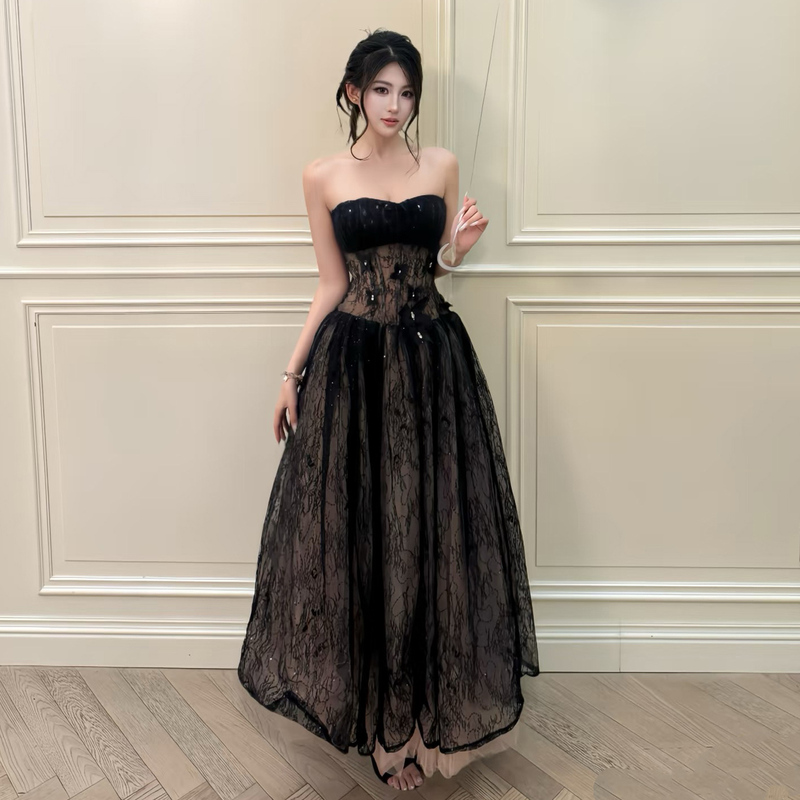 Black Evening Gown, High-End Niche Luxury, Elegant Socialite Style, Suitable for Banquets, Coming-Of-Age Ceremonies, Birthday Parties, Host Roles, and Vocal Performances