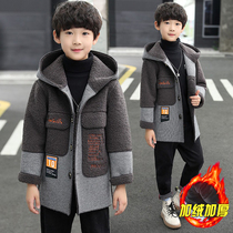 Childrens autumn and winter clothes plus velvet thick coat boy woolen coat long 2021 new boy woolen coat