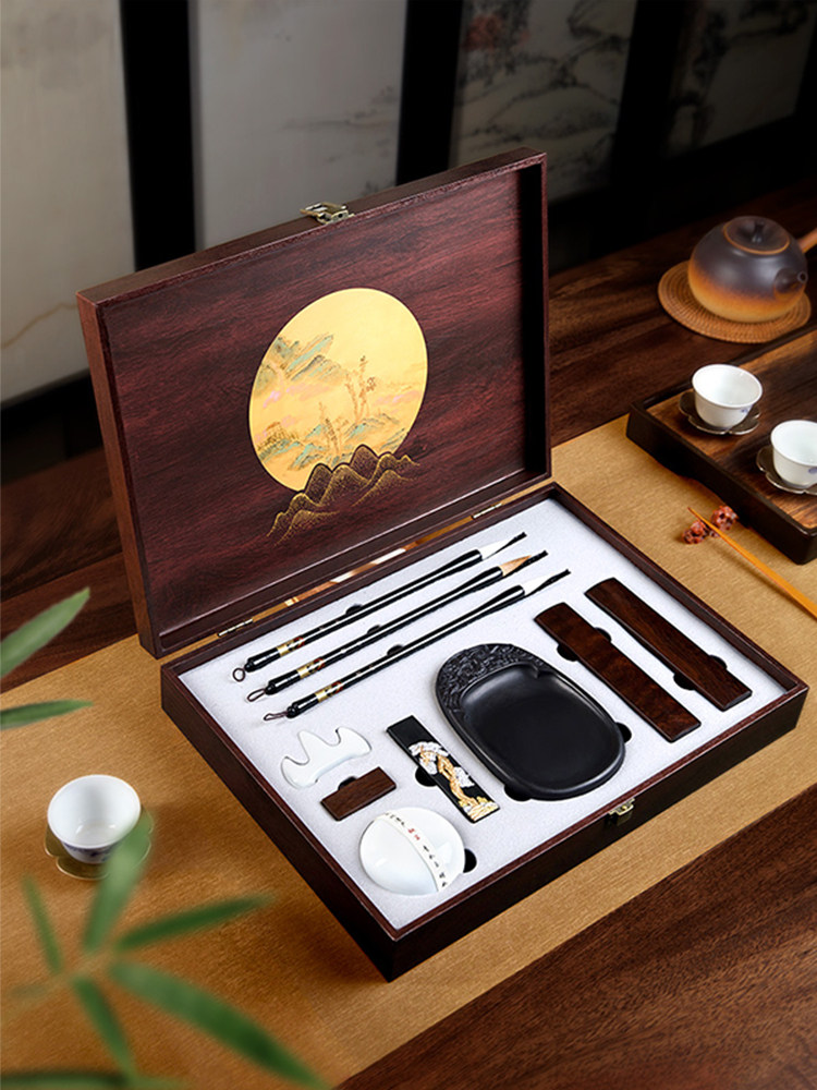 Complete Set of Four Treasures of the Study: Pen, Ink, Paper, and Inkstone. Professional-Grade Calligraphy Set Including Brush, Paperweight, Inkstone, Pen Holder, Suitable for Adults, Beginners, and Elementary School Students, Soft Brush Storage Gift Box