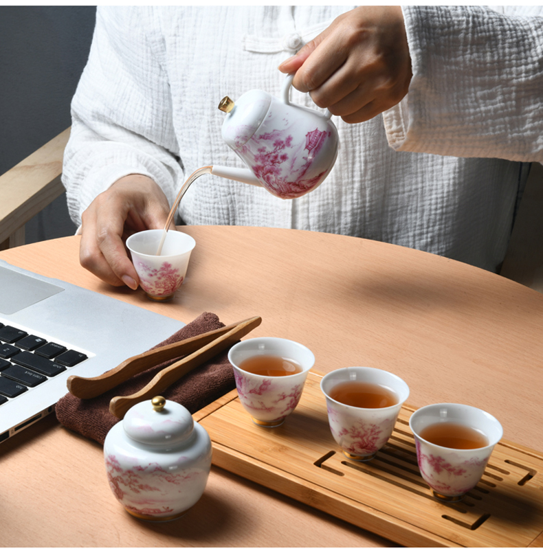 Travel kung fu tea set manual tire agate hongshan xu ink ink color hand - made paint portable a pot of four cups