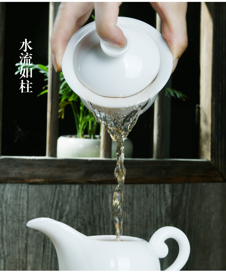 Xu dehua suet jade porcelain ink only three tureen kung fu tea set ceramic cups white porcelain bowl with household single thin