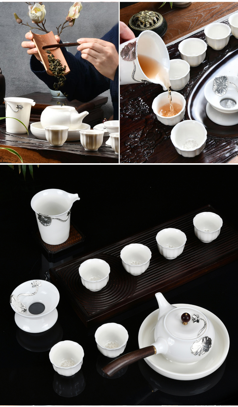 Xu dehua white porcelain ink suet jade inlay silver tea set household contracted ceramic office kung fu tea cups