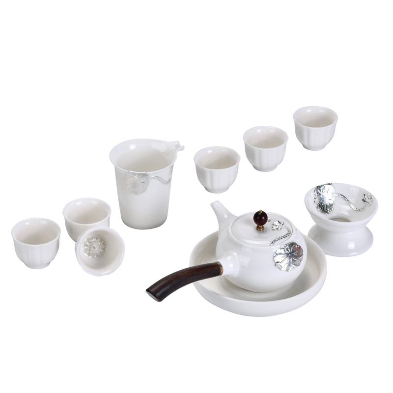 Xu dehua white porcelain ink suet jade inlay silver tea set household contracted ceramic office kung fu tea cups