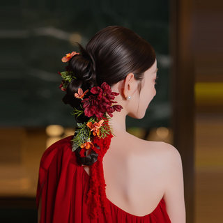 Bridal headdress handmade retro simulated flower plush thread red national style dress cheongsam skirt hair accessories set